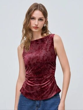 CIDER Boat Neck Floral Knotted Ruched Crop Tank Top Wine  S